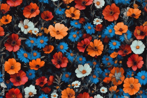 A Captivating Array of Colorful Blossoms in a Lush Floral Display on a Dark Background