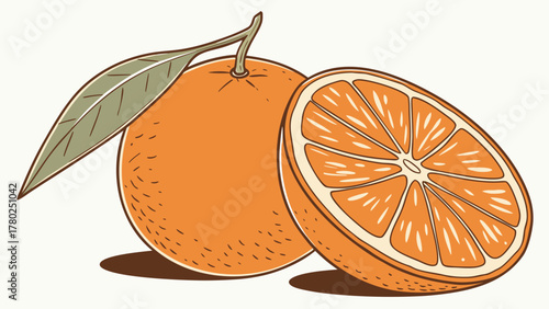 Illustration of a whole orange with a leaf and a halved orange showing the segments on a light background on transparent background silhouette