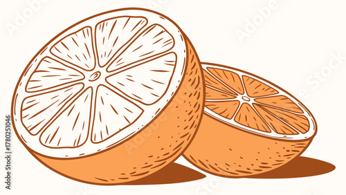 Two orange halves with visible pulp and peel, one slightly behind the other, casting a shadow on the surface on transparent background silhouette