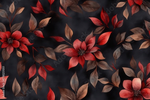 Elegant Floral Pattern with Rich Red and Brown Leaves on a Dark Background for Textile Design