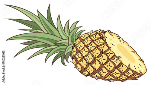 Illustration of a cut pineapple with green leaves on top and yellow flesh visible inside the fruit on transparent background silhouette