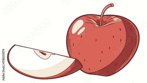 Illustration of a whole red apple with stem and a slice of apple on a white background artful style on transparent background silhouette