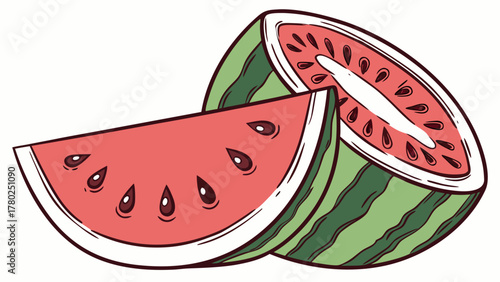Close up view of halved watermelon beside a perfect wedge displaying juicy red flesh isolated on.