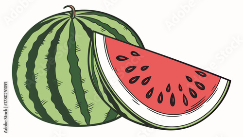 Illustration of a whole watermelon with green stripes and a slice showing red flesh and black seeds on transparent background silhouette