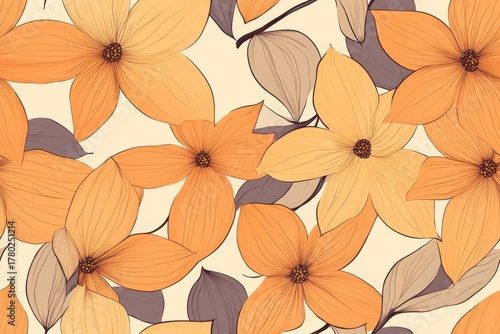 Beautiful Artistic Pattern of Orange and Yellow Flowers with Delicate Leaves Creating a Vibrant Floral Design