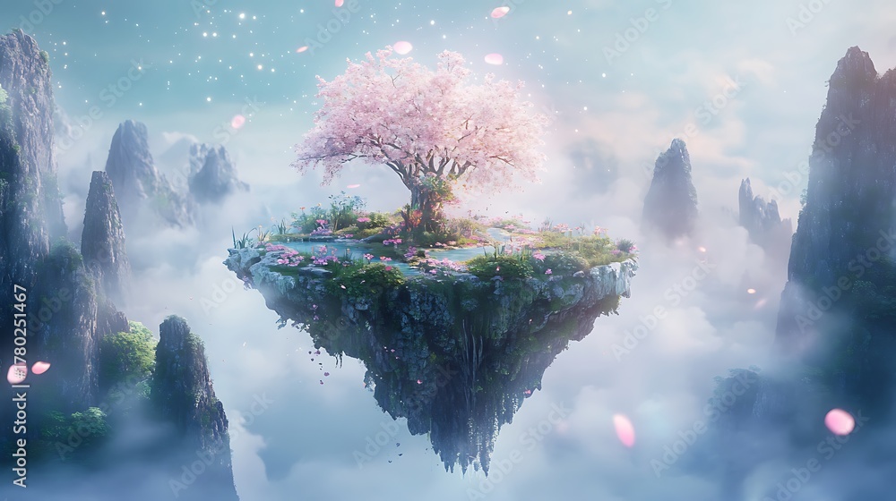 Fototapeta premium Enchanting floating island sanctuary blooms with vibrant cherry blossoms under starlit sky