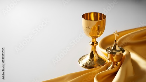 Still life of ornate golden chalice and ciborium with cross on white surface with flowing satin fabric