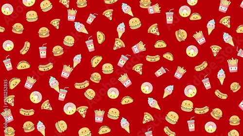 Kawaii Fast Food Icon with Rotation, Zoom in out looping animation in a Red background. Suitable for food menus, social media posts, and restaurant promotions. 