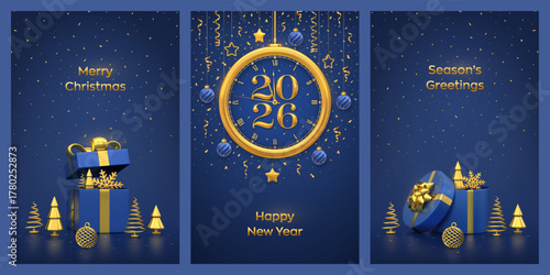 Christmas card set. Happy New Year 2026. Golden New Year countdown clock with numbers 2026. Gift boxes with golden bows, snowflakes, gold fir trees. New Year greeting cards. Vector illustration.