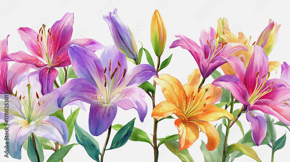 Naklejka premium Elegant wedding invitation card white background . Minimal hand painted watercolor Lilly flowers texture template background. Design for wedding, vip cover, poster, rsvp modern card.Valentine's Day