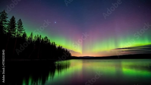 Mesmerizing Aurora Borealis Reflecting on a Tranquil Lake Under the Night Sky Magic