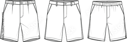 Men’s and women’s Bermuda shorts technical flat sketch vector template set with waistband, pleats, elastic waist, and pockets