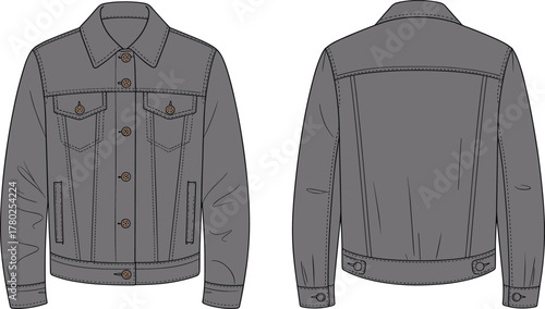 Men’s denim jacket flat sketch, front and back view, fashion technical drawing, casual outerwear vector template for CAD design
