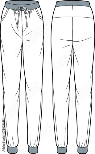 Men’s and women’s jogger pants with elastic waistband and drawstring, ribbed cuffs, comfortable fit, CAD drawing flat vector illustration