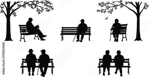 Park bench silhouettes, people reading, relaxing, talking, leisure lifestyle, outdoor nature, companionship, solitude, bird flying, tree shade, urban park, social interaction, peaceful moments