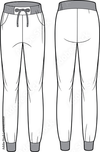Men’s and women’s jogger pants with elastic waistband and drawstring, ribbed cuffs, fashion flat sketch, CAD drawing flat vector illustration