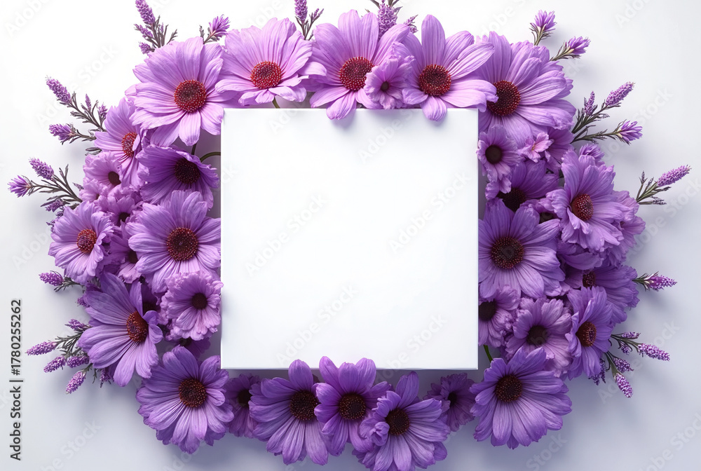 Obraz premium Vibrant purple floral frame showcasing empty space for creative insertion