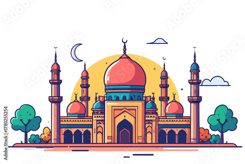 Colorful vector illustration of a grand mosque with a dome and minarets under a crescent moon, a flat design for Islamic holidays