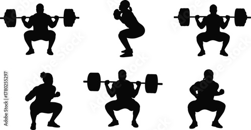 Silhouette squat exercise, barbell workout training, fitness strength illustration, bodybuilding gym routine, weightlifting posture, athletic movement, powerlifting technique,