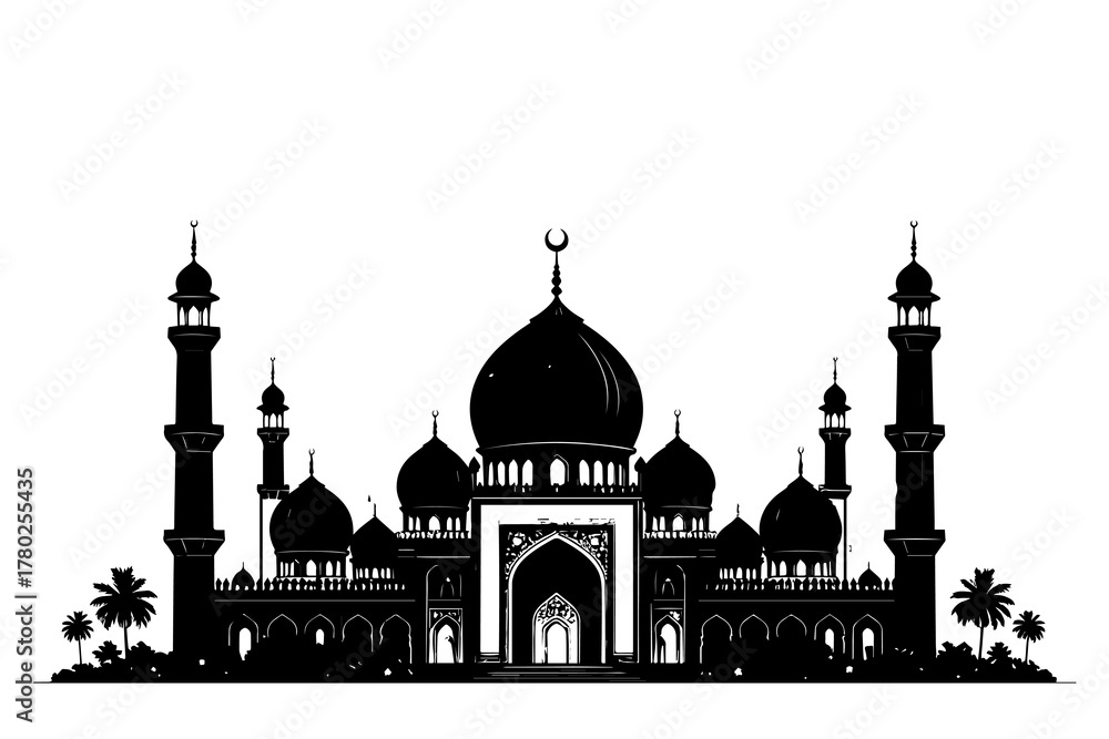 Fototapeta premium Silhouette of a Detailed Mosque with Minarets, Domes, and Islamic Architecture