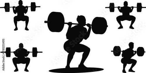 Barbell squat exercise silhouette, strength training fitness illustration, gym workout posture, bodybuilding technique, athlete performing squat movement, 