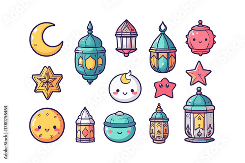 Festive Islamic Lanterns and Celestial Symbols A Decorative Collection for Celebration