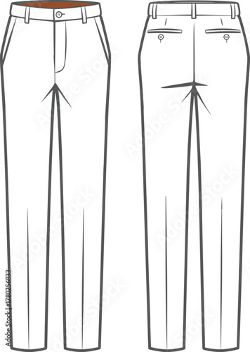 Men’s formal straight-leg trousers with belt loops, side and back pockets, front and back view, CAD flat vector illustration