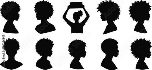Silhouette profiles, diverse afro hairstyles, curly hair textures, natural beauty, cultural identity, artistic representation, black silhouettes, hairstyle diversity, fashion expression,