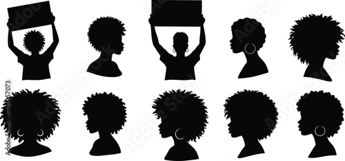 Afro hairstyle silhouettes, diverse black hair profiles, cultural identity, natural curls, textured hair art, hoop earrings, graphic design, African beauty, hairstyle diversity illustration