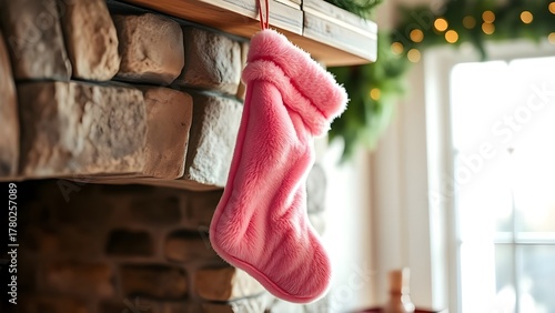 pink christmas stocking hanging near a fireplace