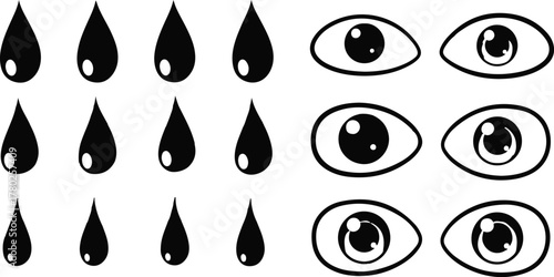 Black Icons of Water Drops and Stylized Eyes symbol