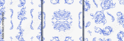 Vintage Baroque or renaissance Seamless pattern hand drawn Victorian set of ornament floral elements engraved retro flower decorative design heraldic swirls.