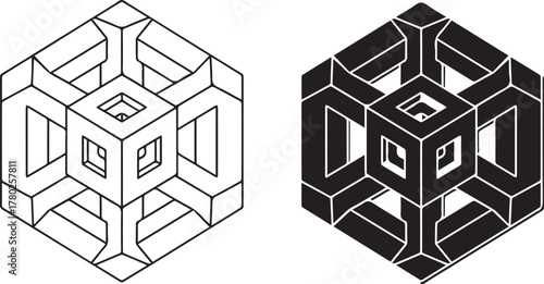 Isometric cube structure line art and solid fill geometric