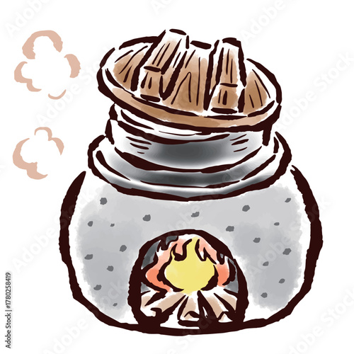 昔ながらのかまど炊きご飯　筆タッチ手描きイラスト