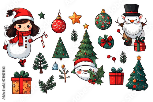 set of kawaii santa and christmas cartoon decoration. Cute santa claus cartoon 