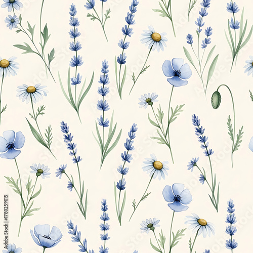 Watercolor floral pattern of hand-painted wildflowers and sprawling leaves tied with a sheer ribbon on a bright white silk background, created for wallpaper and fabric, illuminated with diffused	