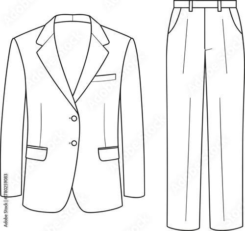 Men’s blazer and trouser flat sketch, fashion cad drawing, front view vector template for formal suit clothing design
