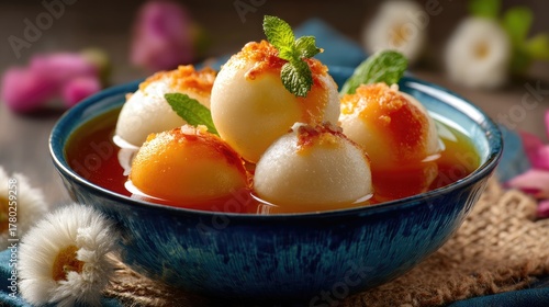 Sweet Dessert in Bowl with Colorful Syrup and Garnish of Mint Leaves on Wooden Table