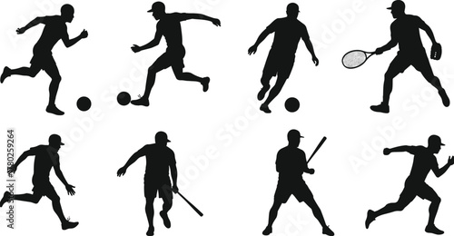 Dynamic sports silhouettes, soccer players running dribbling kicking ball, tennis athlete racket stance, baseball batter swinging bat, energetic athletic motion, fitness training, 