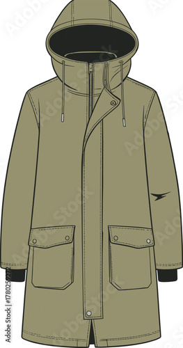 Men’s hooded parka vector template, front view coat flat sketch, winter jacket fashion drawing, long coat technical illustration