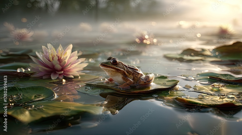 Fototapeta premium Serenity in Nature: A Frog on a Lily Pad Amidst Morning Mist and Water Lilies