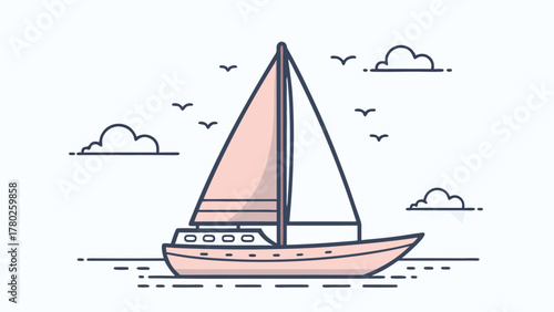 Serene sailboat glides across calm water with gentle clouds and birds overhead, evoking peace and adventure.