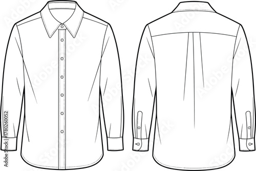 Men’s button-up shirt front and back view, long sleeve casual shirt, classic collar, cuff detail, fashion technical flat sketch vector