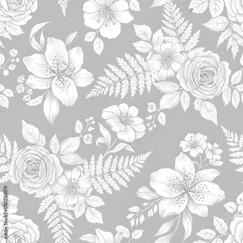 Watercolor floral pattern of hand-painted wildflowers and sprawling leaves tied with a sheer ribbon on a bright white silk background, created for wallpaper and fabric, illuminated with diffused	