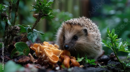 Adorable hedgehog foraging among colorful mushrooms in a lush garden setting, showcasing nature's charm and wildlife interactions