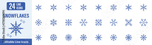 Snowflake web icons in line style. Contains icons as snowflakes, winter, snow, snowfall, Christmas, new year, cold and more. Vector illustration.