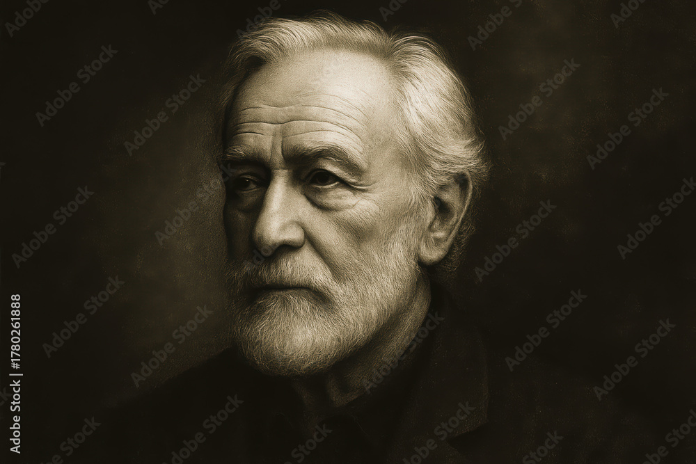 Fototapeta premium Old man with beard contemplative, posing portrait on dark background-