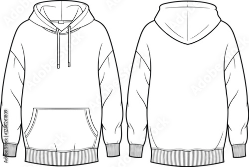 Men’s oversized hoodie front and back view, long sleeve sweatshirt, kangaroo pocket, ribbed cuffs hem, drawstring hood, flat technical vector sketch
