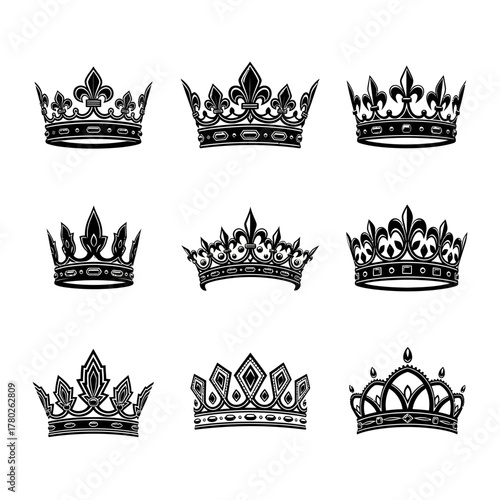 "Royal Crown Clipart Collection – Black and White King & Queen Tiara Icons"