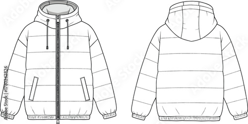 Men’s puffer jacket CAD, technical fashion flat, hooded, front zipper, winter outerwear, vector clothing template.
